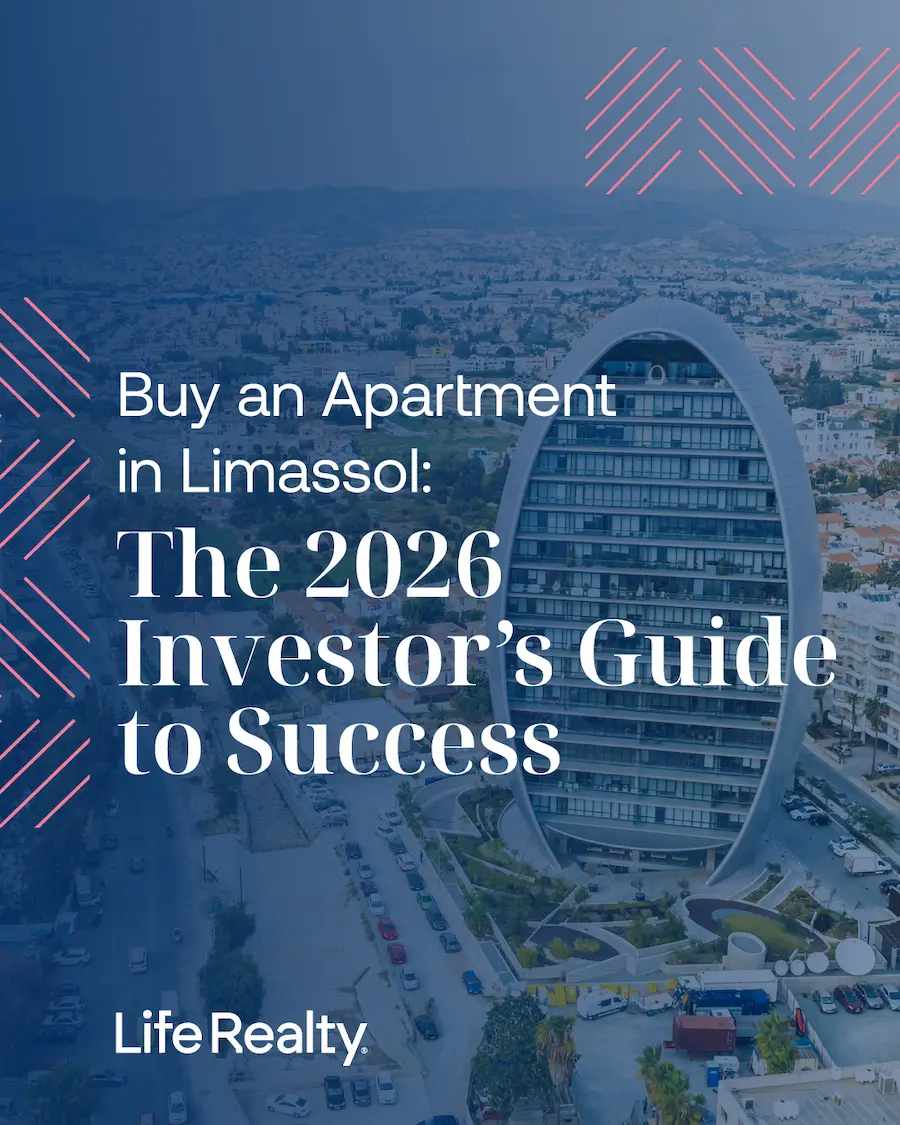 Aerial view of the iconic Oval building in Limassol, Cyprus, with a blue overlay and text reading "Buy an Apartment in Limassol: The 2026 Investor’s Guide to Success" by Life Realty.